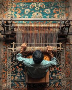 Overhead view of a person weaving a vibrant, patterned rug on a wooden loom.