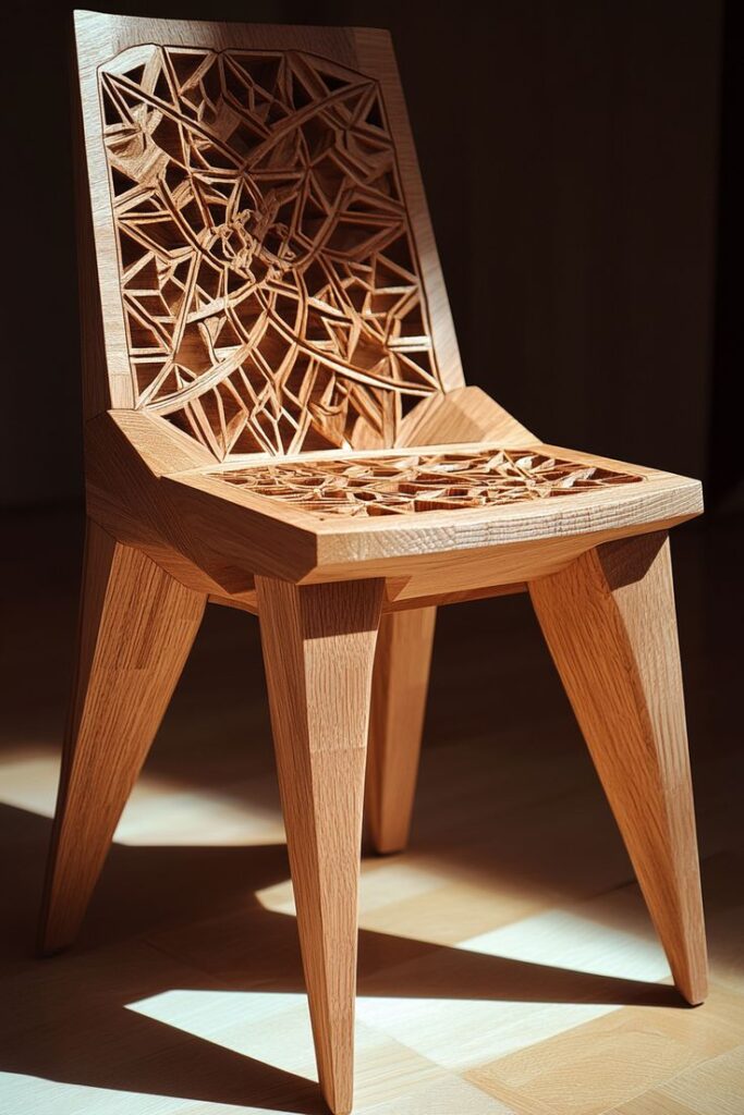 Modern wooden chair with an intricate, geometric cutout pattern on the backrest and seat.