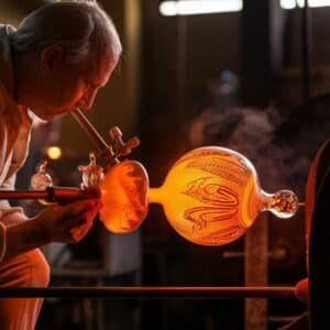 A craftsman blowing and shaping a large, intricately etched, glowing orange piece of molten glass.